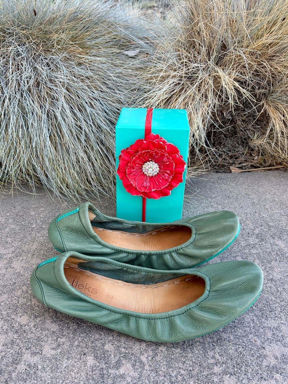 RARE Tieks Pacific Green Leather Ballet Flats box accessories comfy foldable